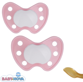 Skånesutter med navn (lyserød med hvid knop) latex str. 1. Pakke med 2 stk. sutter